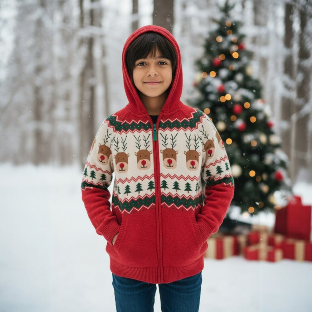 GYMBOREE Size 12 Holiday CHRISTMAS Reindeer Full Zip Hoodie Hooded Sweater